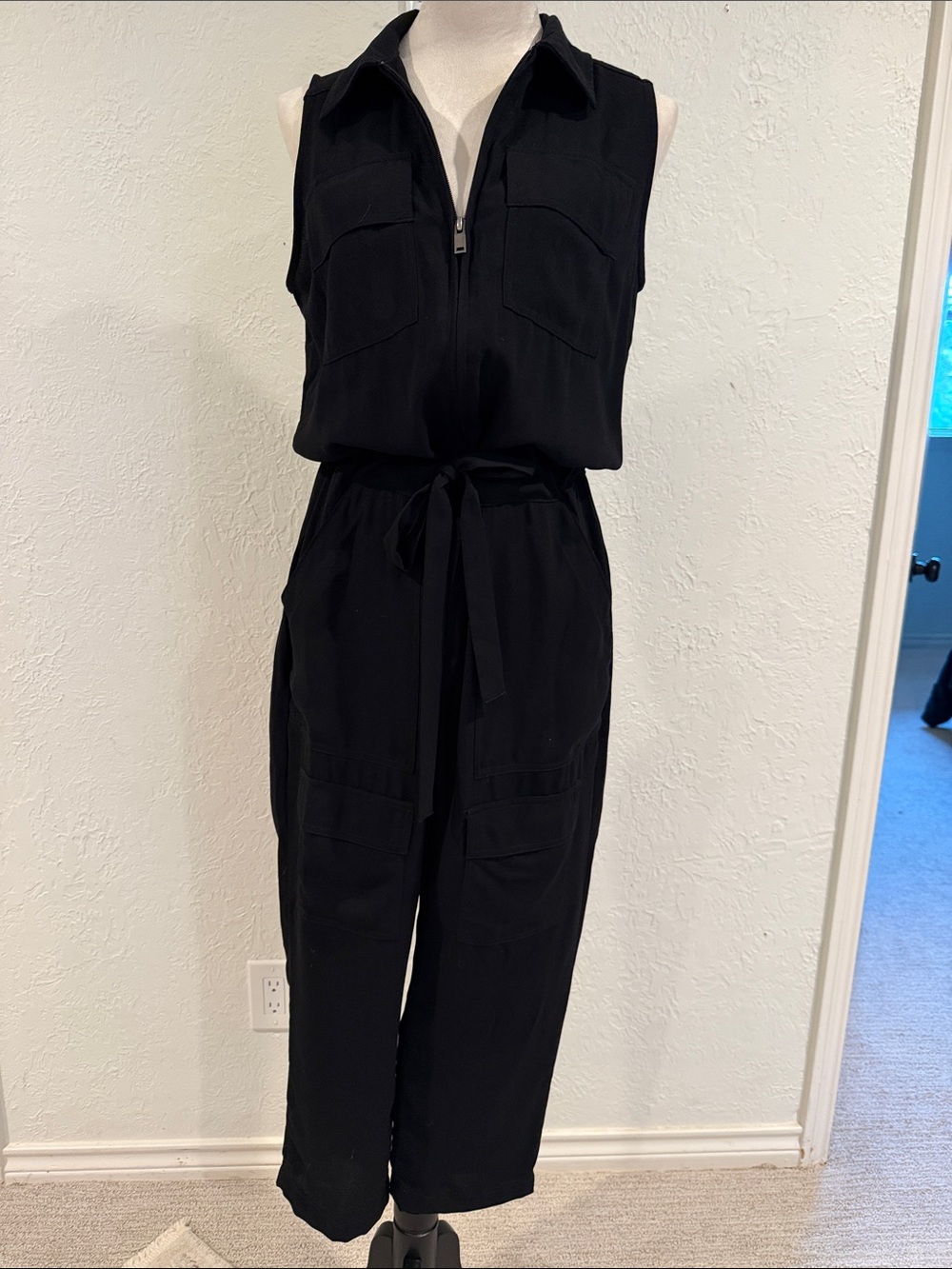 CAbi Black Sleeveless Utility Jumpsuit with Tie Waist size small
